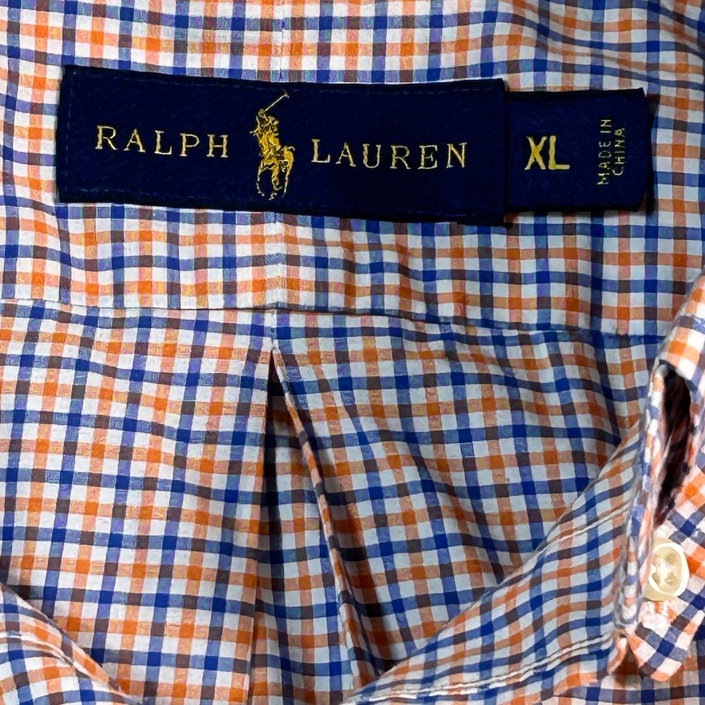 Ralph Lauren Mens XL Button Down Shirt Orange Blue Check Long Sleeve Cotton Logo - Picture 7 of 8